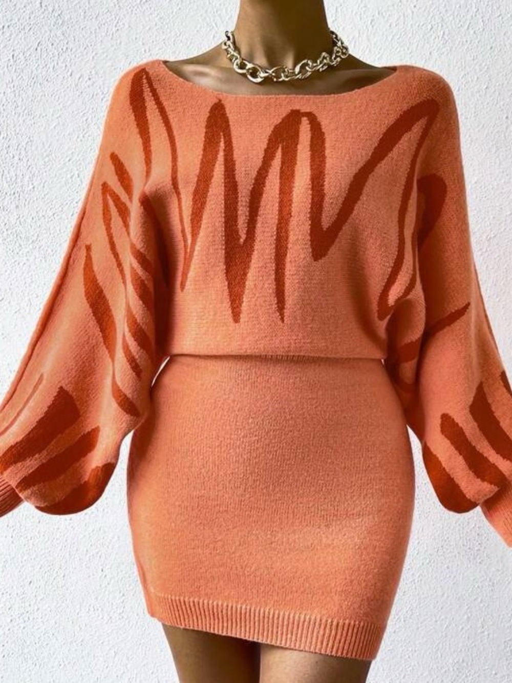 Orange Patterned Women's Knit Sweater Dress